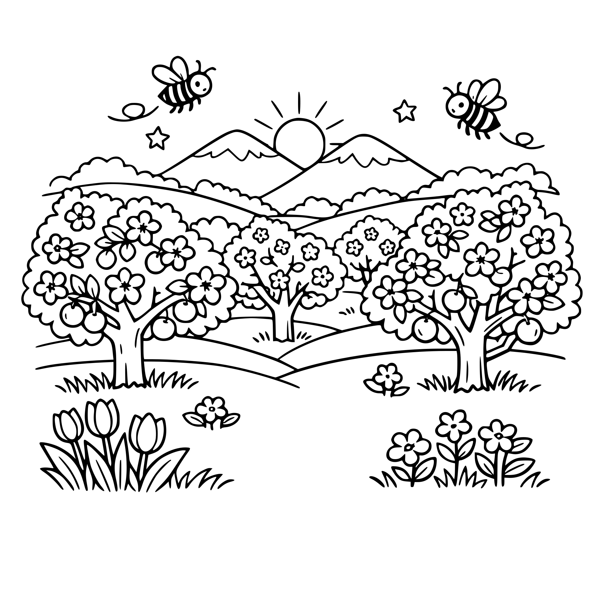 PAISAJE DE FRUTALES FLORECIENDO CON ABEJAS