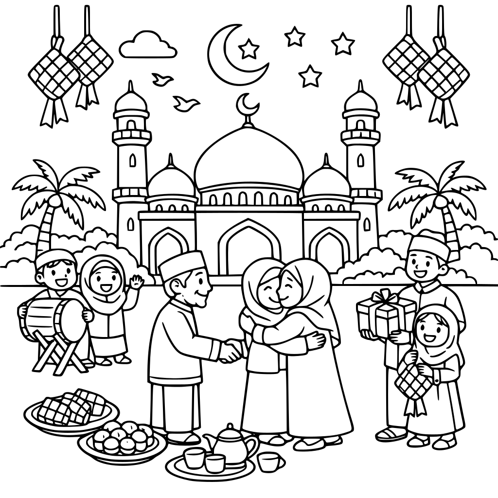 Suasana idul fitri di luar masjid yang asri.