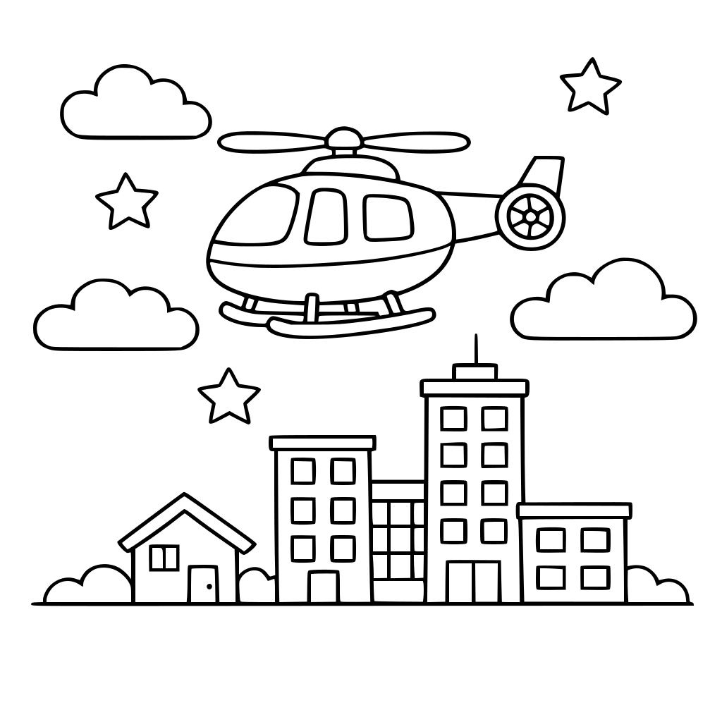 helicopter flying above simple buildings and clouds.