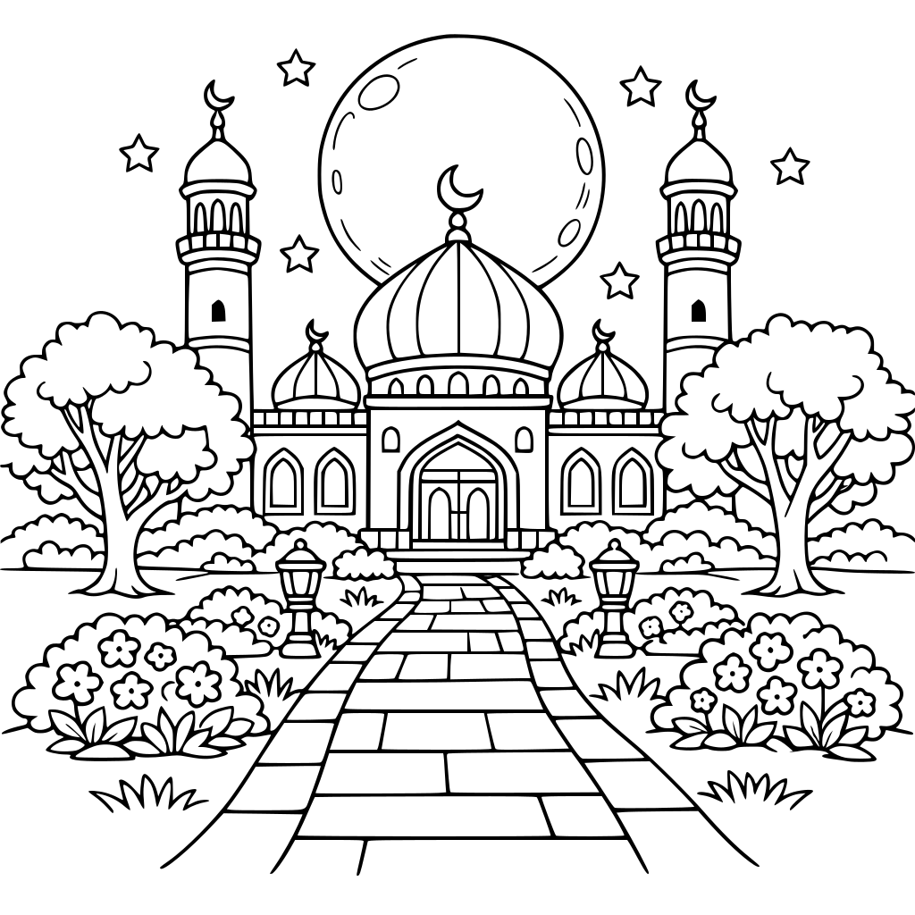 A musjid with the moon in the background and a beautiful garden pathway and trees
