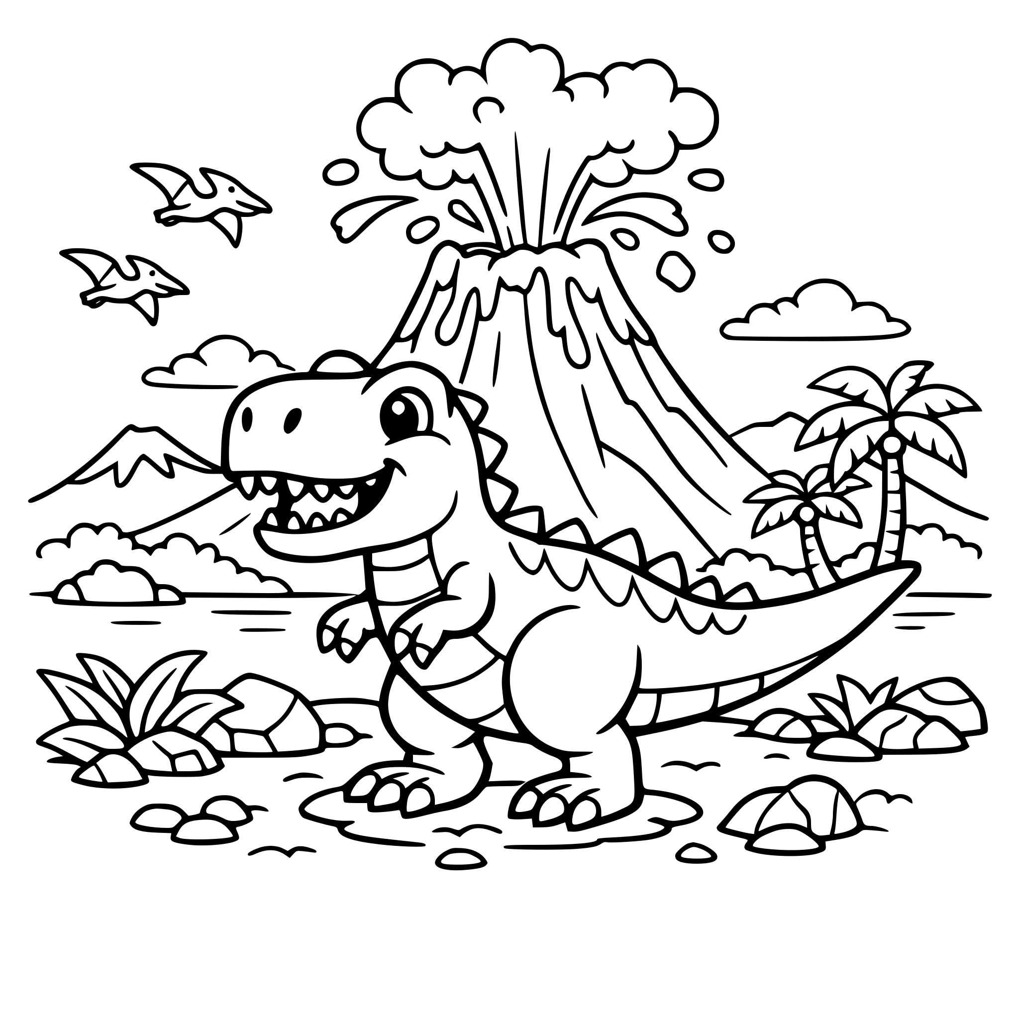 Dinosuar coloring page with volcano in the back ground