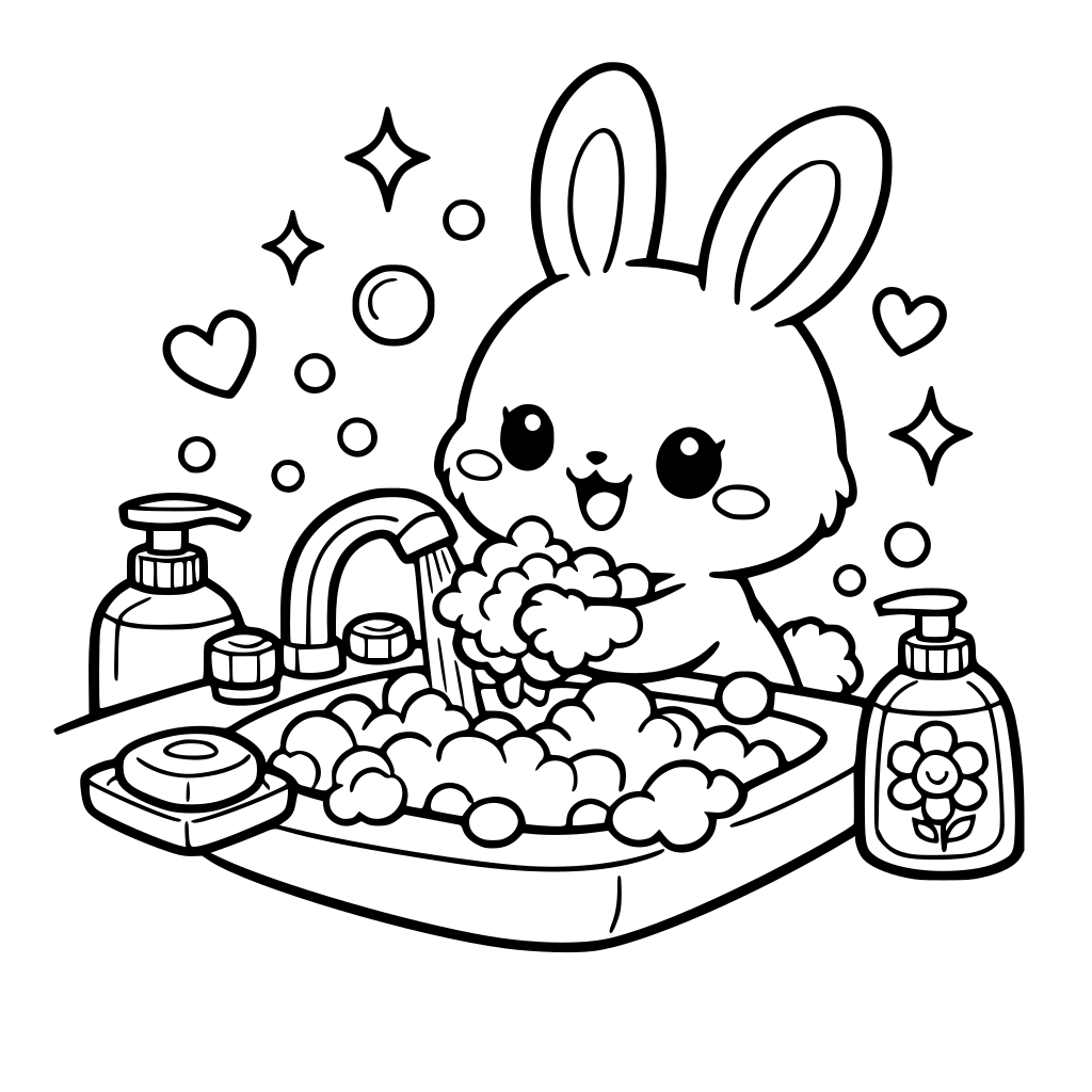 Cute character (e.g., a little bunny) at a sink with bubbly soap.