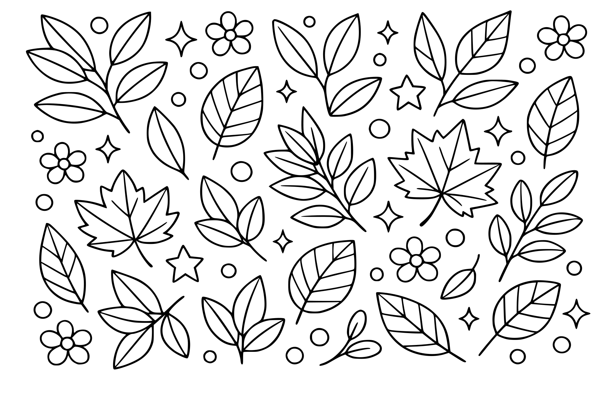 Pattern coloring with leaves, minimalistic line.