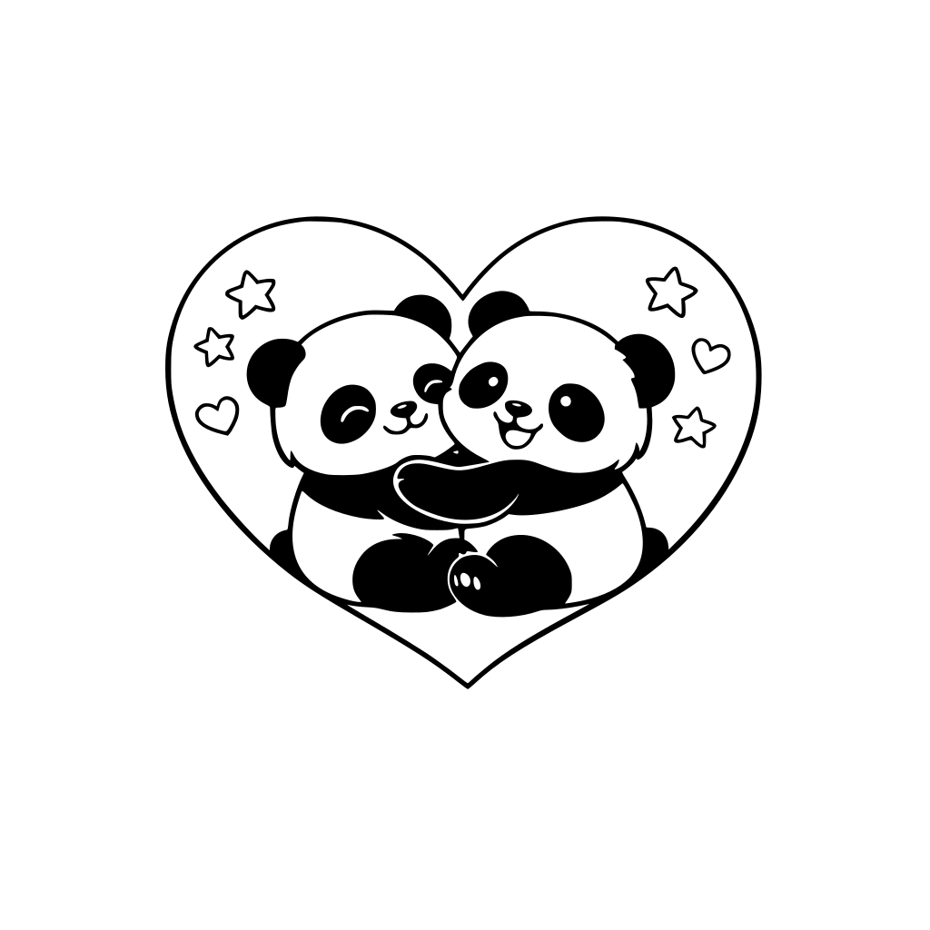 “Two cute pandas hugging inside a giant heart.”