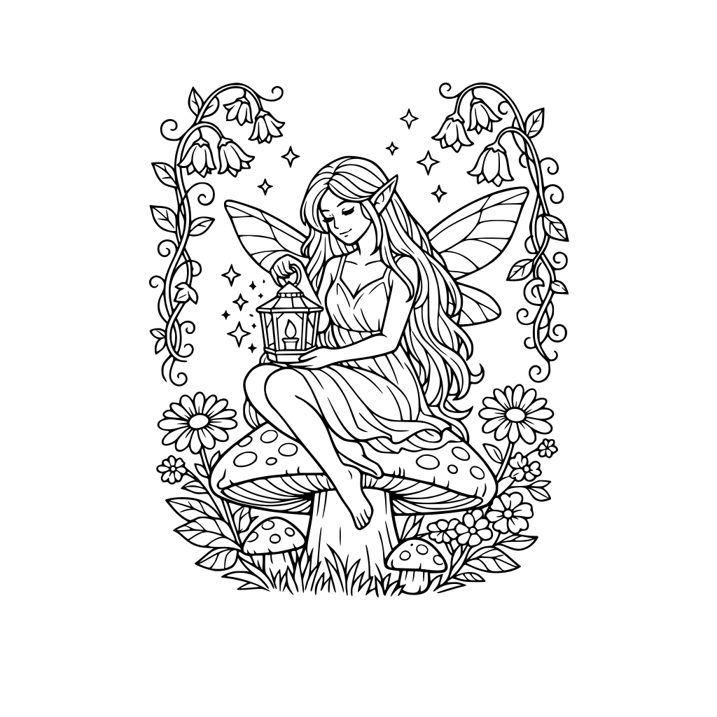 A gentle fairy with long flowing hair sitting on a mushroom, holding a glowing lantern, surrounded by flowers and vines, clean black-and-white line art, no shading.