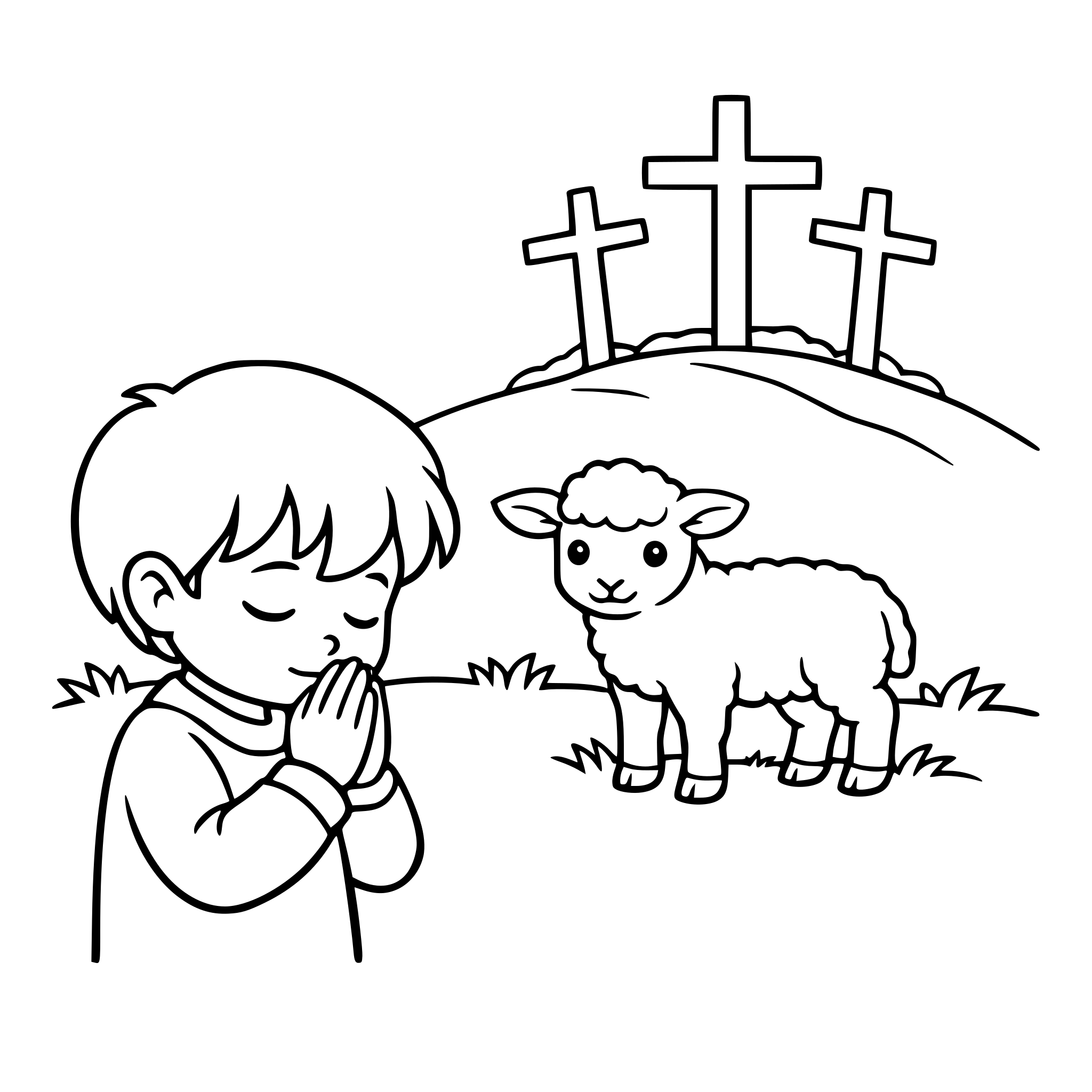 make a picture of a praying child in the foreground, a the three crosses on a hill in the background and a lamb between the child and the crosses