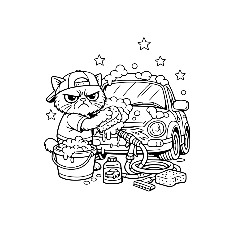 A grumpy cat washing the car.