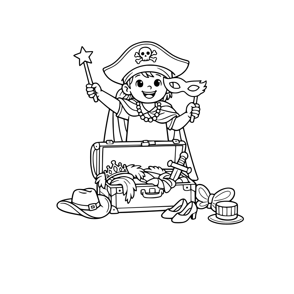 Een kind dat zich aan het verkleden is uit een verkleedkoffer.