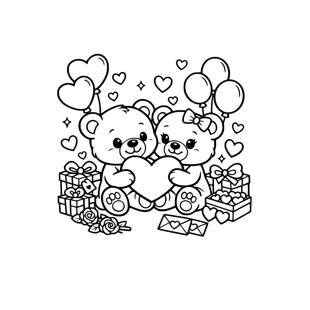 Adorable Valentine’s Day coloring page with a cute couple of teddy bears holding a heart, surrounded by balloons, hearts, and gifts. Simple cartoon style, thick black outlines, no color, no background clutter, printable coloring page for kids.