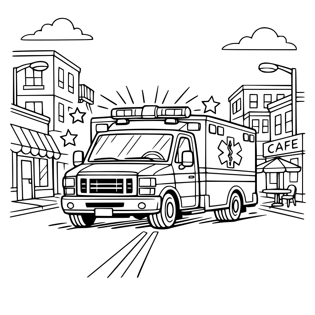 ambulance with sirens on, driving down a street. Detail on the street buildings.