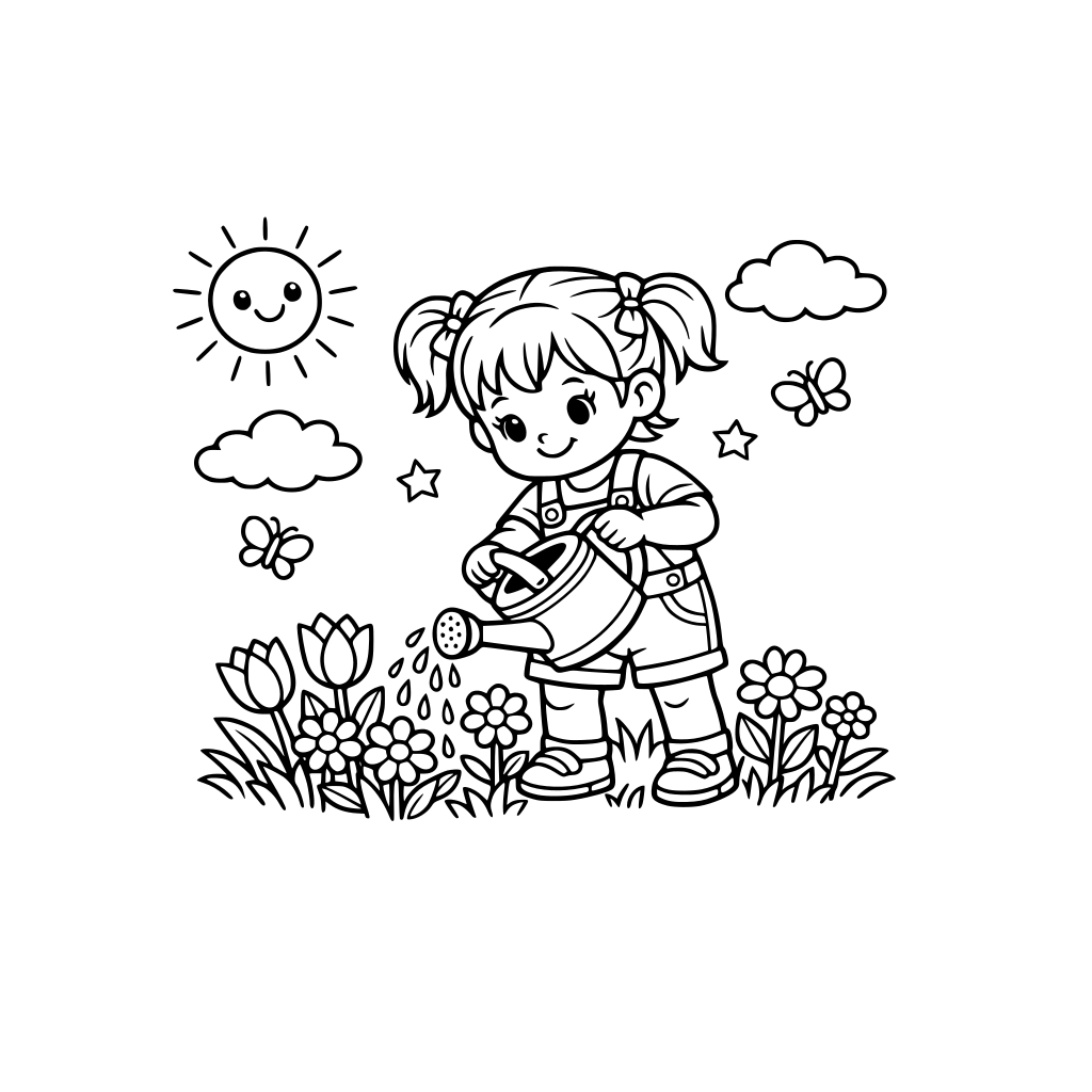 girl toddler watering spring flowers with a water can