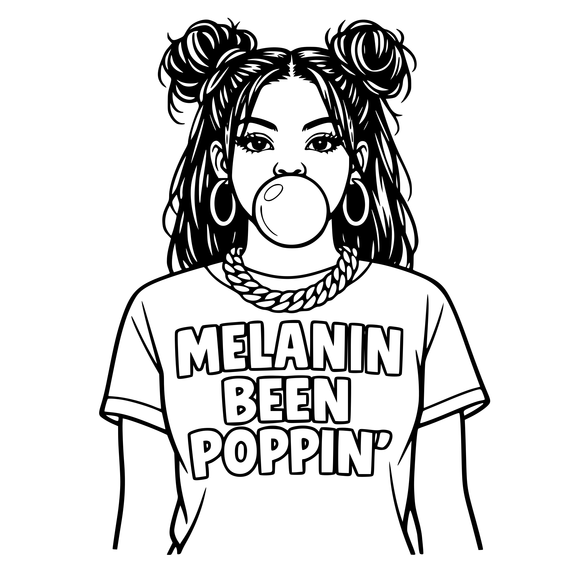 Black woman with two messy buns in the front of her hair and hair hanging down in the black blowing bubble gum wearing a cubin link chain and a shirt that says Melanin Been Poppin' in outlined letters