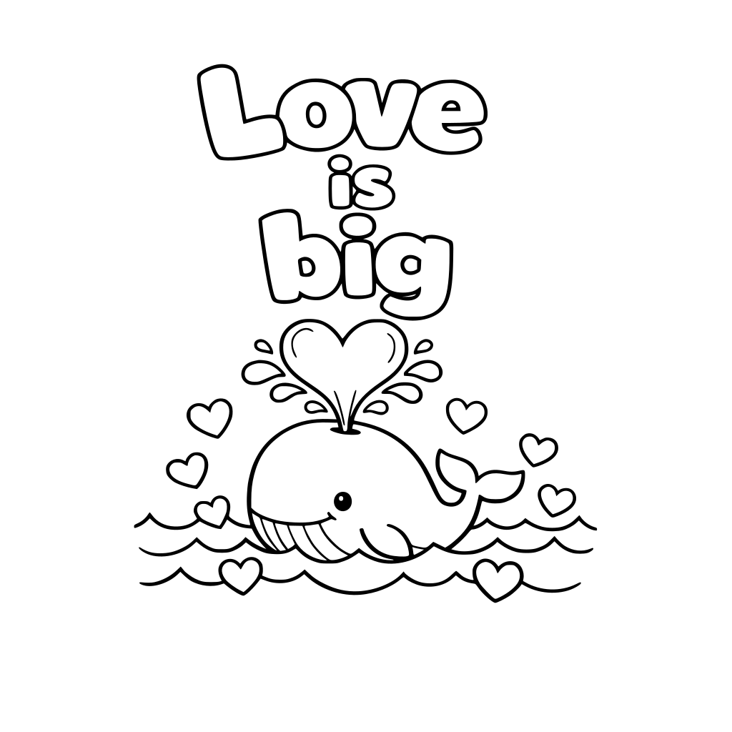 a whale spouting heart-shaped water. Big text: "Love is big" Waves and floating hearts. Please use bubble letters so that children can color it in