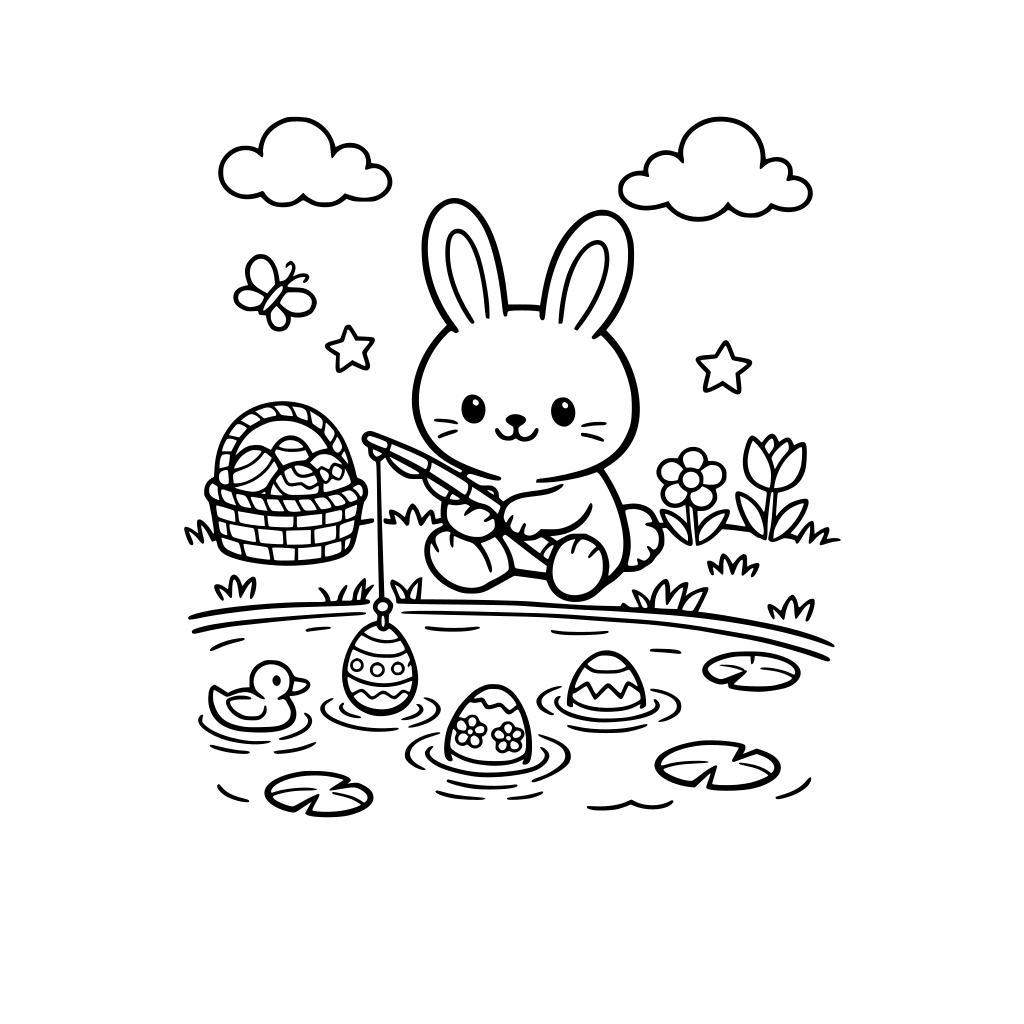 Bunny fishing Easter eggs from a pond with a fishing rod, cute simple coloring book page, kids friendly, thick bold outlines, very simple shapes