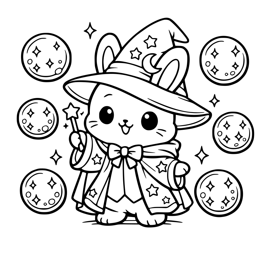 cartoon and kawaii style of bunny wearing magician robe and hat surrounded by crystal balls — floating spheres with sparkles.