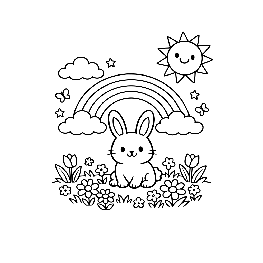 spring, flowers, rainbow, bunny, sun