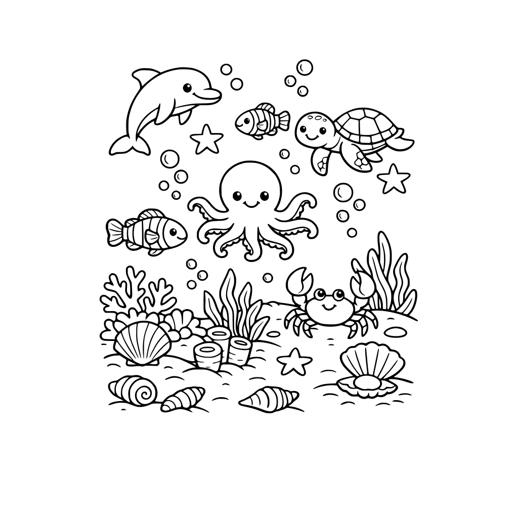 underwater ocean scene with sea creatures, coral reef and seaweed. include other marine elements like shells or bubbles.