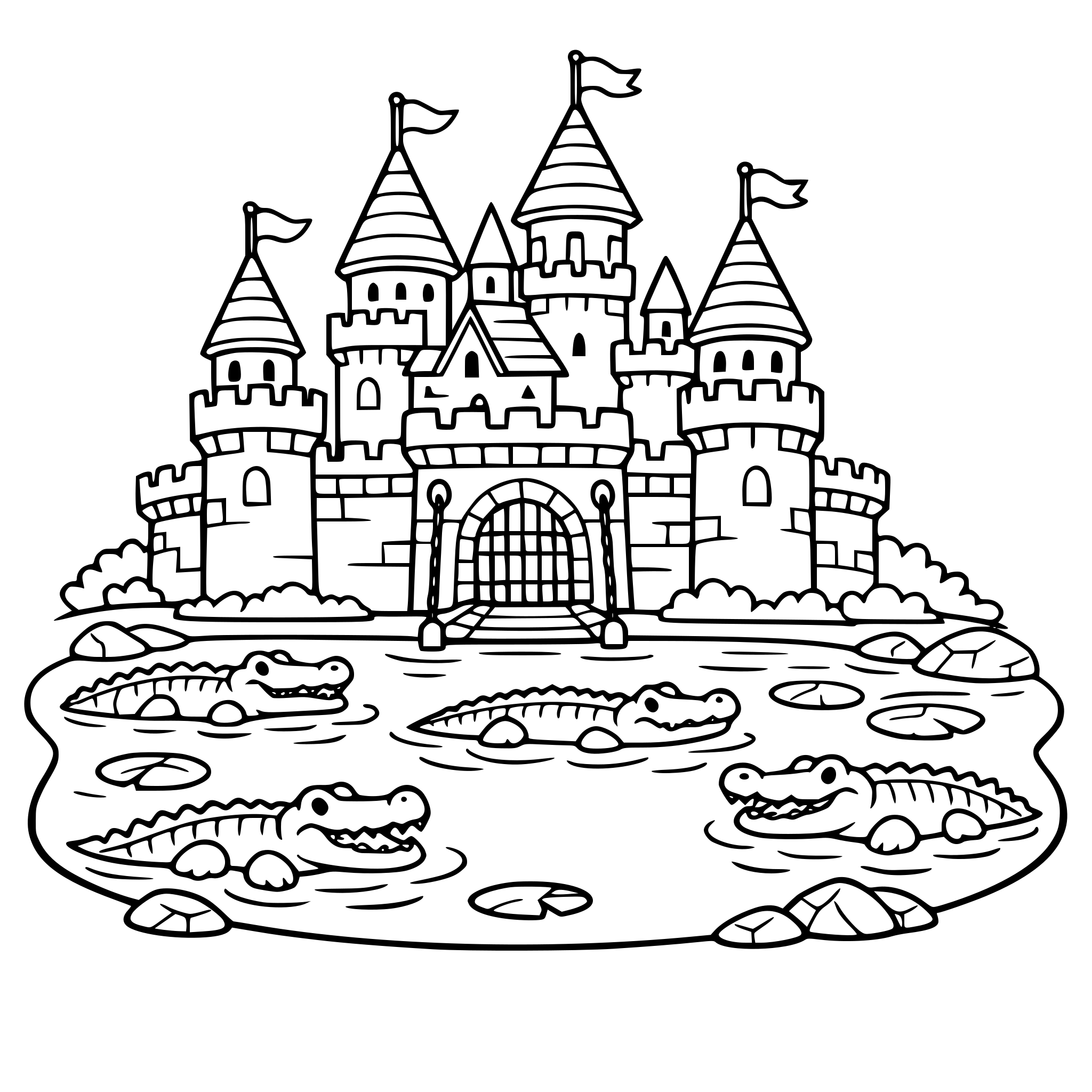 A castle with a moat and alligators