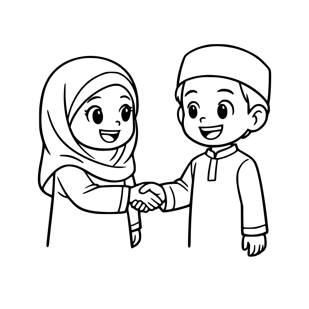 Gambar anak perempuan dan laki-laki muslim sedang bersalaman