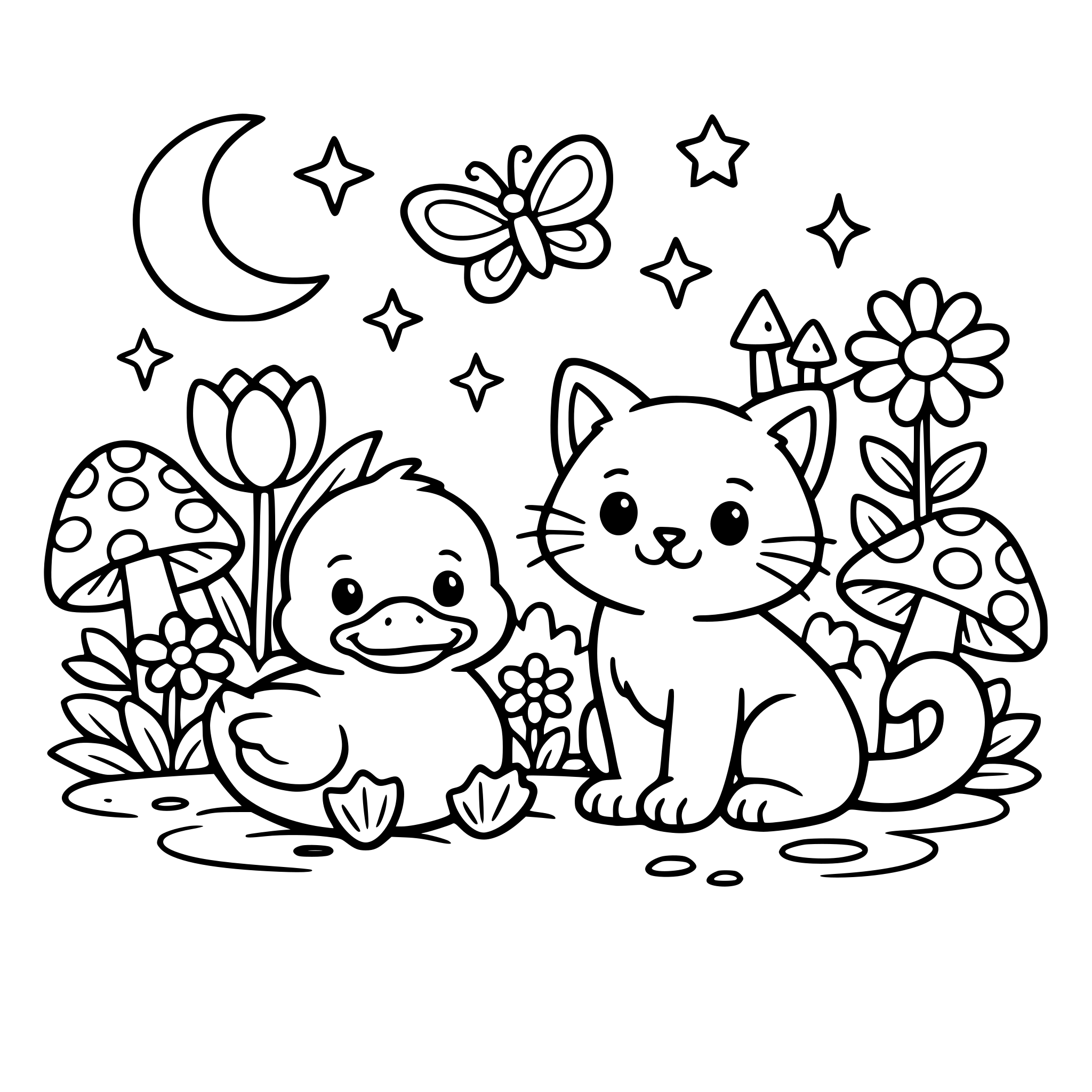 duck and cat hanging out in the magical garden