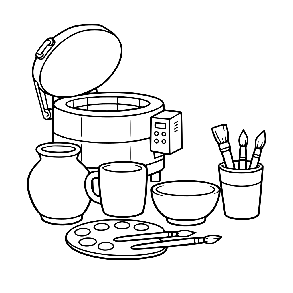 Blank pottery, a kiln and paint brushes