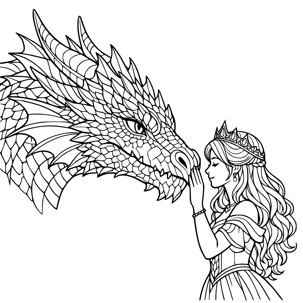 A dragon head side profile with a princess touching his nose