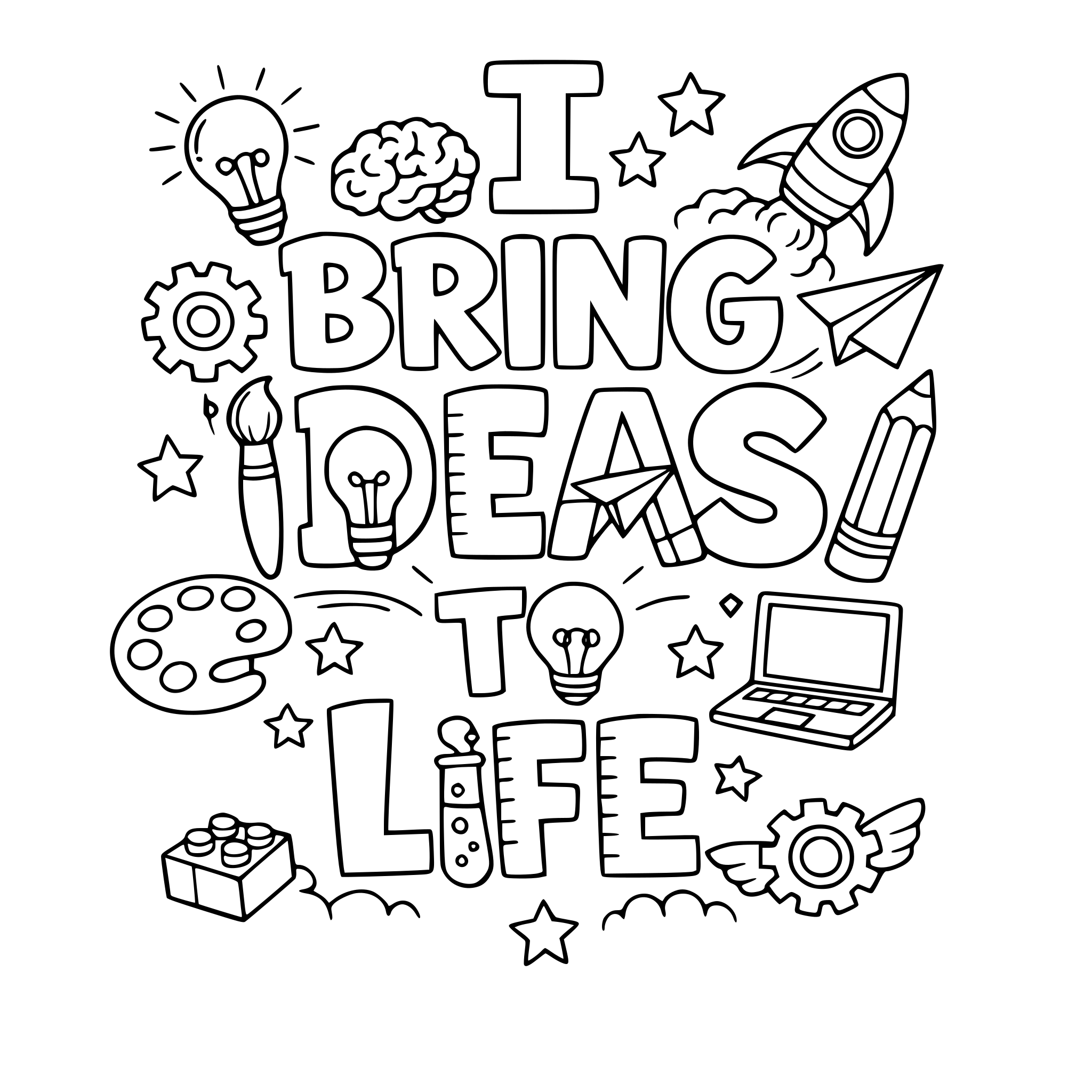 "I bring ideas to life" coloring letters with items around the letters that work with the lettering.