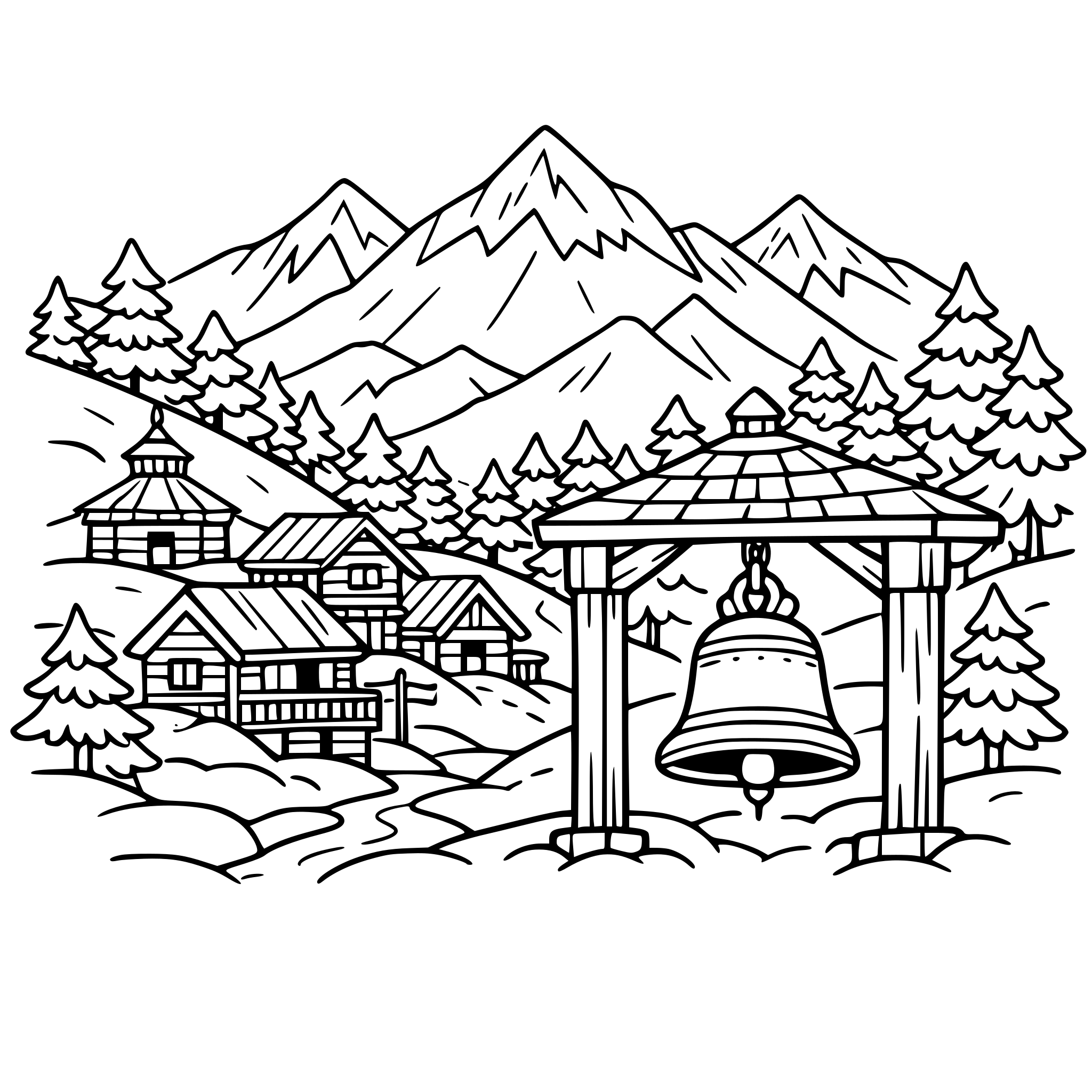 cute cozy simple Himachal Pradesh Snowy mountain village with wooden houses, pine trees, and temple bell.