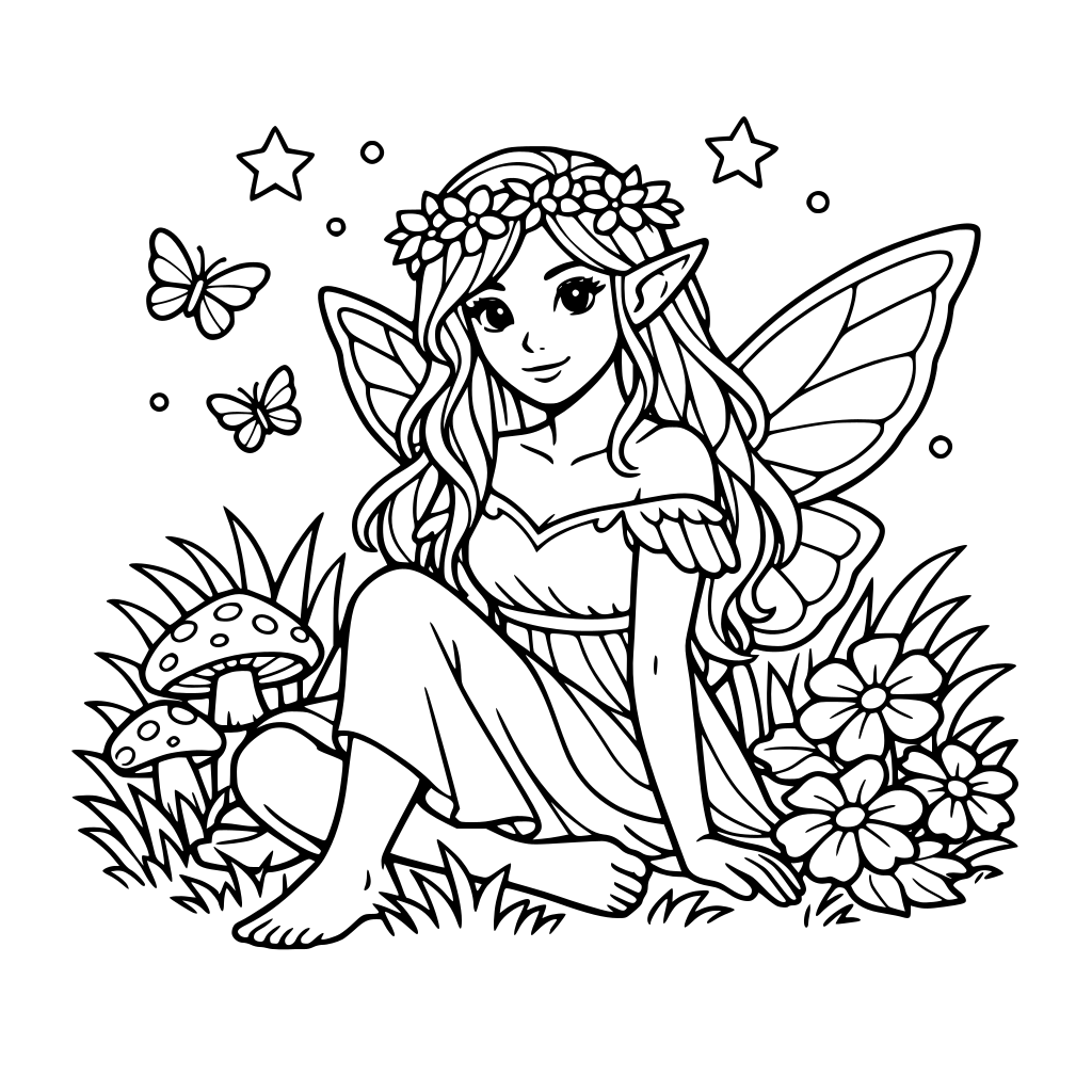 a beautiful fairy sitting in a grassy meadow