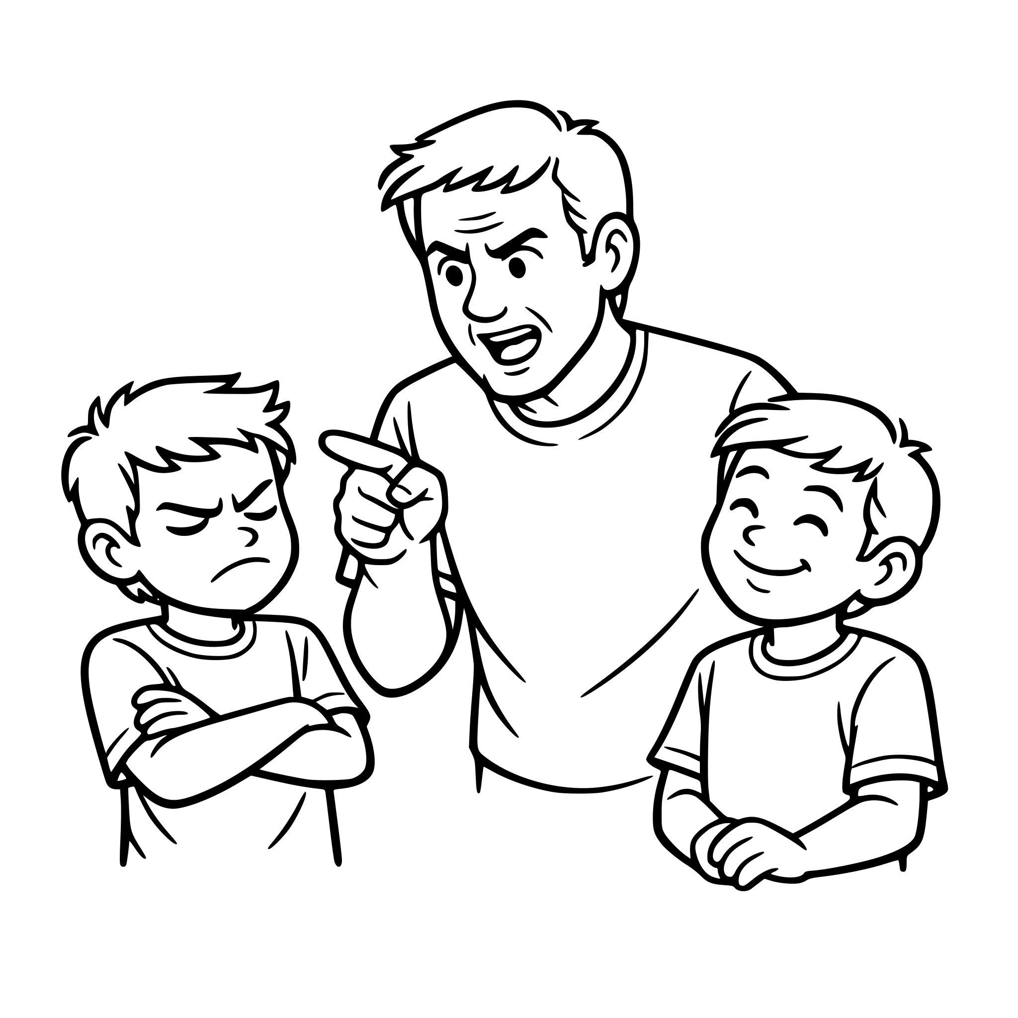 Un padre habalndole a sus dos hijos, uno de ellos reniega a su orden y el otro asiente plasenteramente