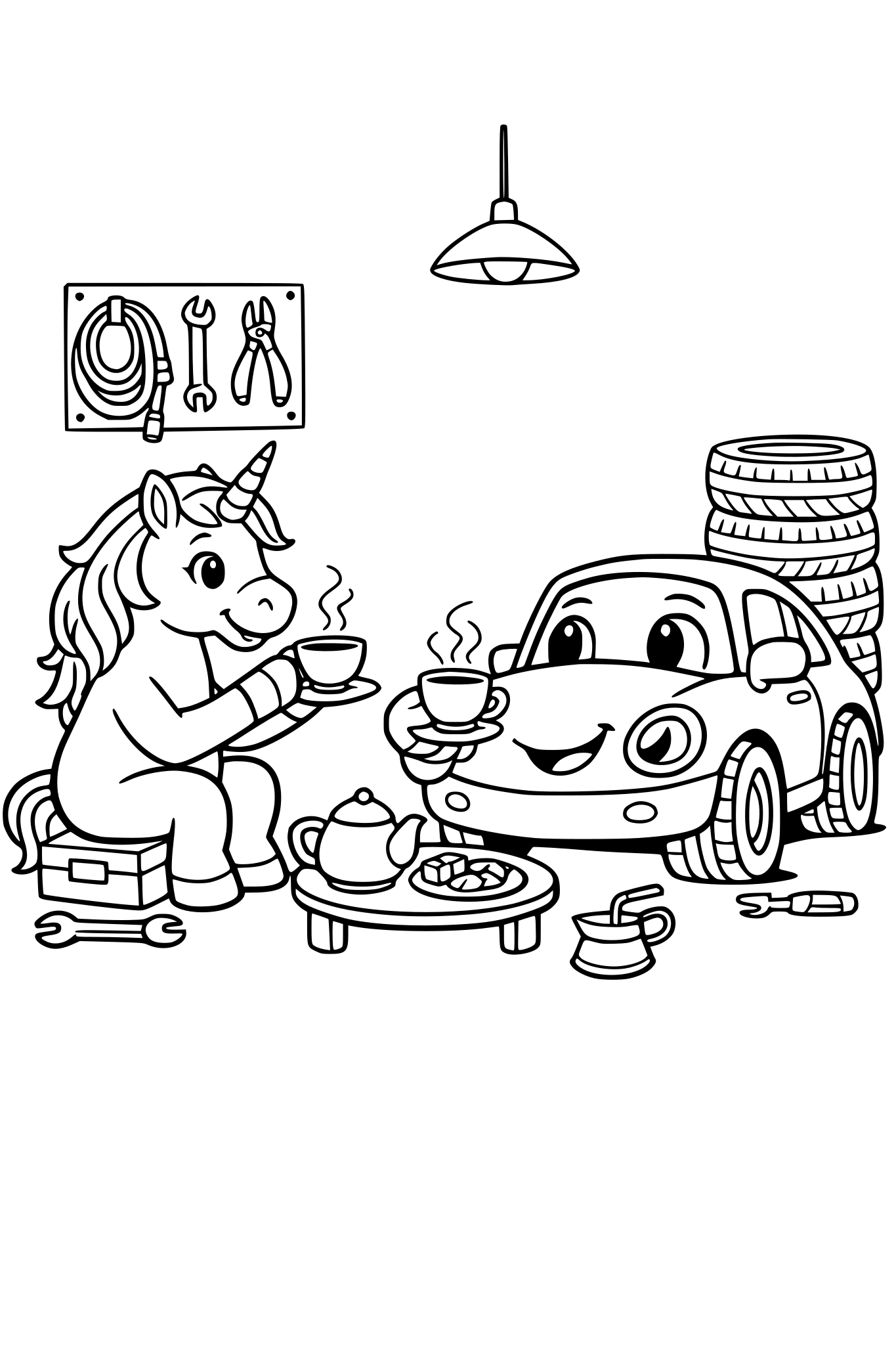 the mechanic workshop. there is a unicorn and the car. they are have a talk and drink a tea together.