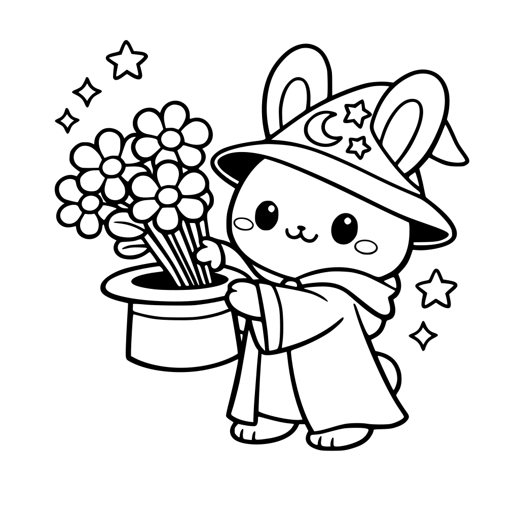 cartoon and kawaii style of bunny in magic robe and hat pulling a bouquet of flowers — rounded petals, cartoon stems.
