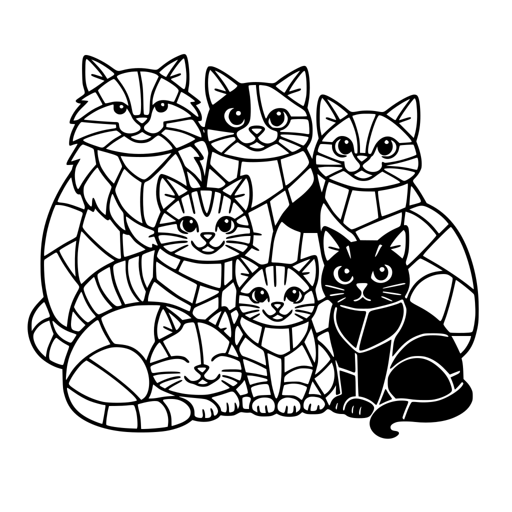 Several cats sitting together mosaic style