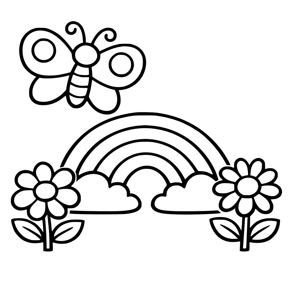 Simple butterfly and rainbow with two flowers, very big shapes, thick bold outlines, kids coloring book page, ages 4-8, no shading, white background