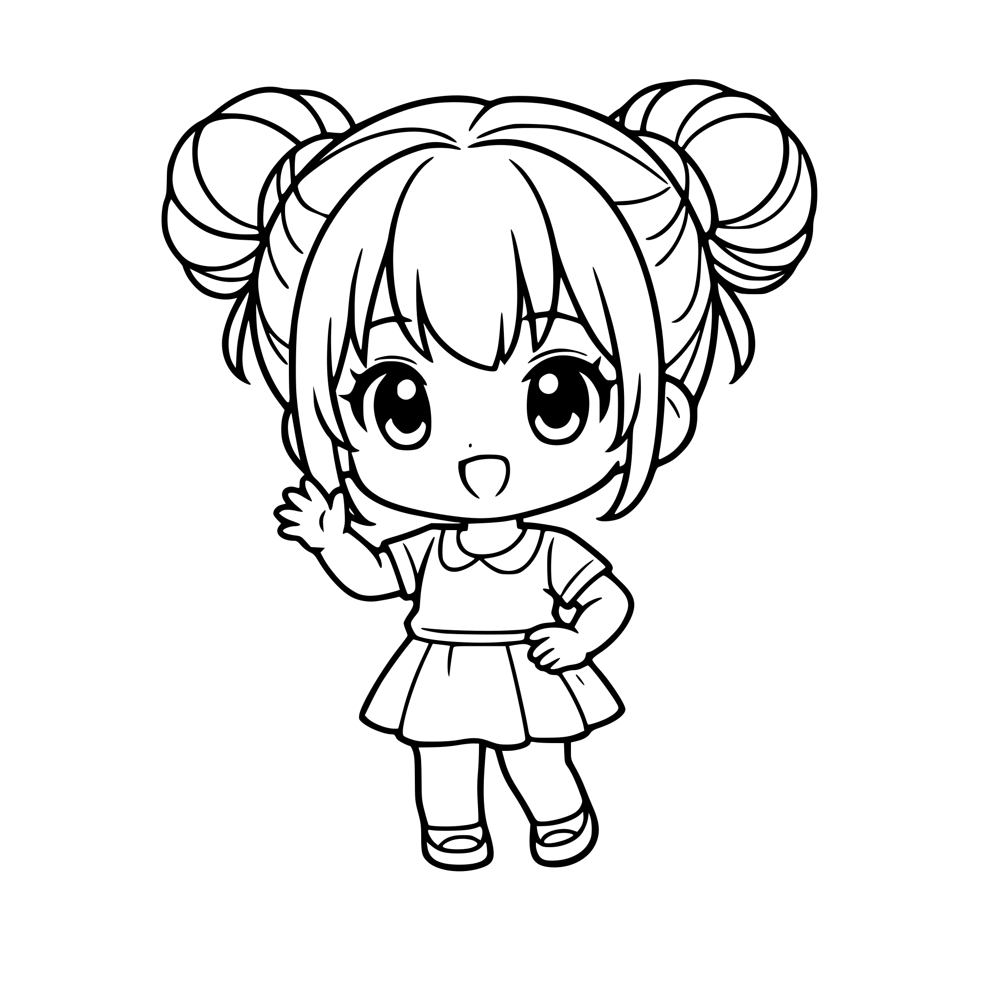 disegno anime chibi di una ragazza no colorata con capelli raccolti