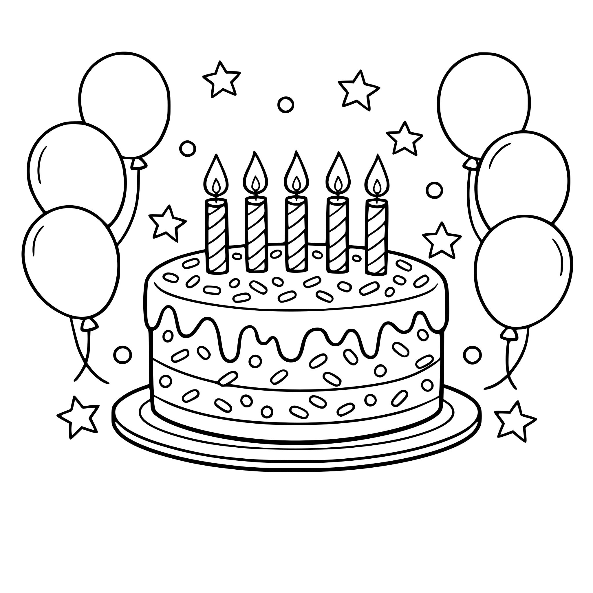 birthday cake with sprinkles and candles with balloons around