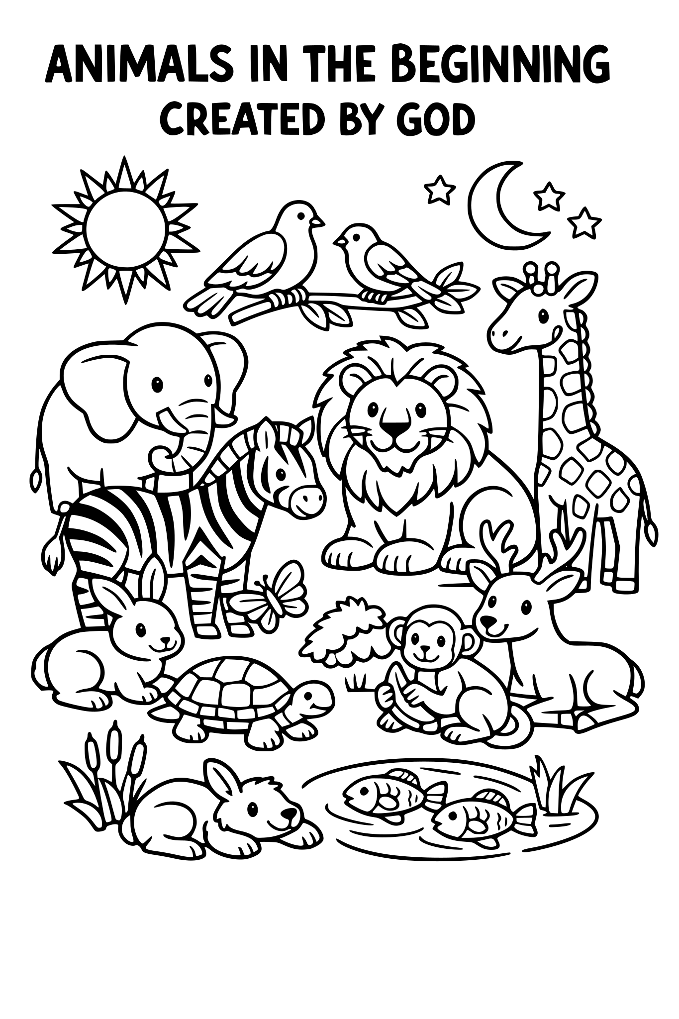 ANIMALS IN THE BEGINNING CREATED BY GOD COLORING PAGE