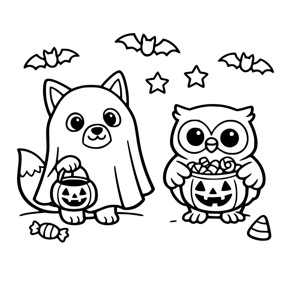 adorable forest animals trick-or-treat for coloring page-- a fox in a ghost costume, an owl holding a candy bucket . Black and white line art, simple bold outlines, kids friendly coloring book style