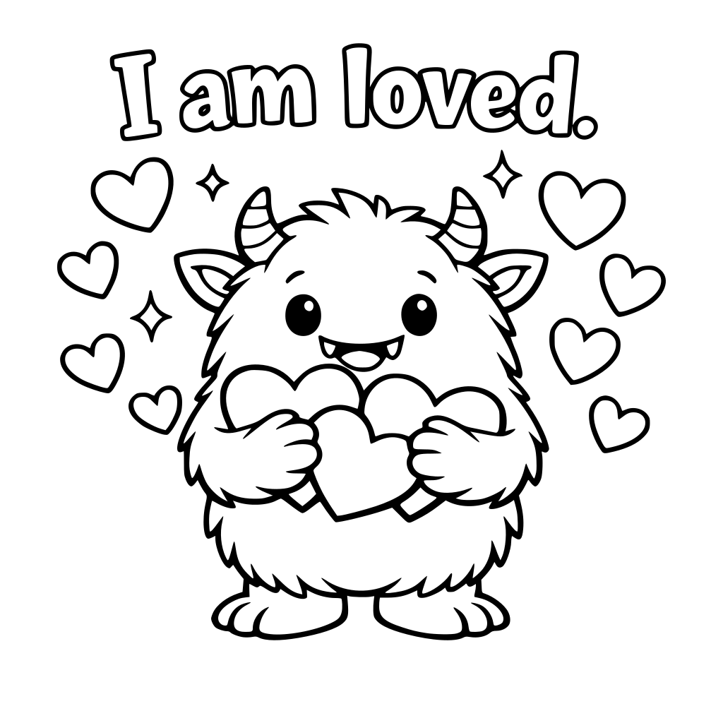 A friendly monster holding hearts. Big Text: I am loved. Hearts floating around