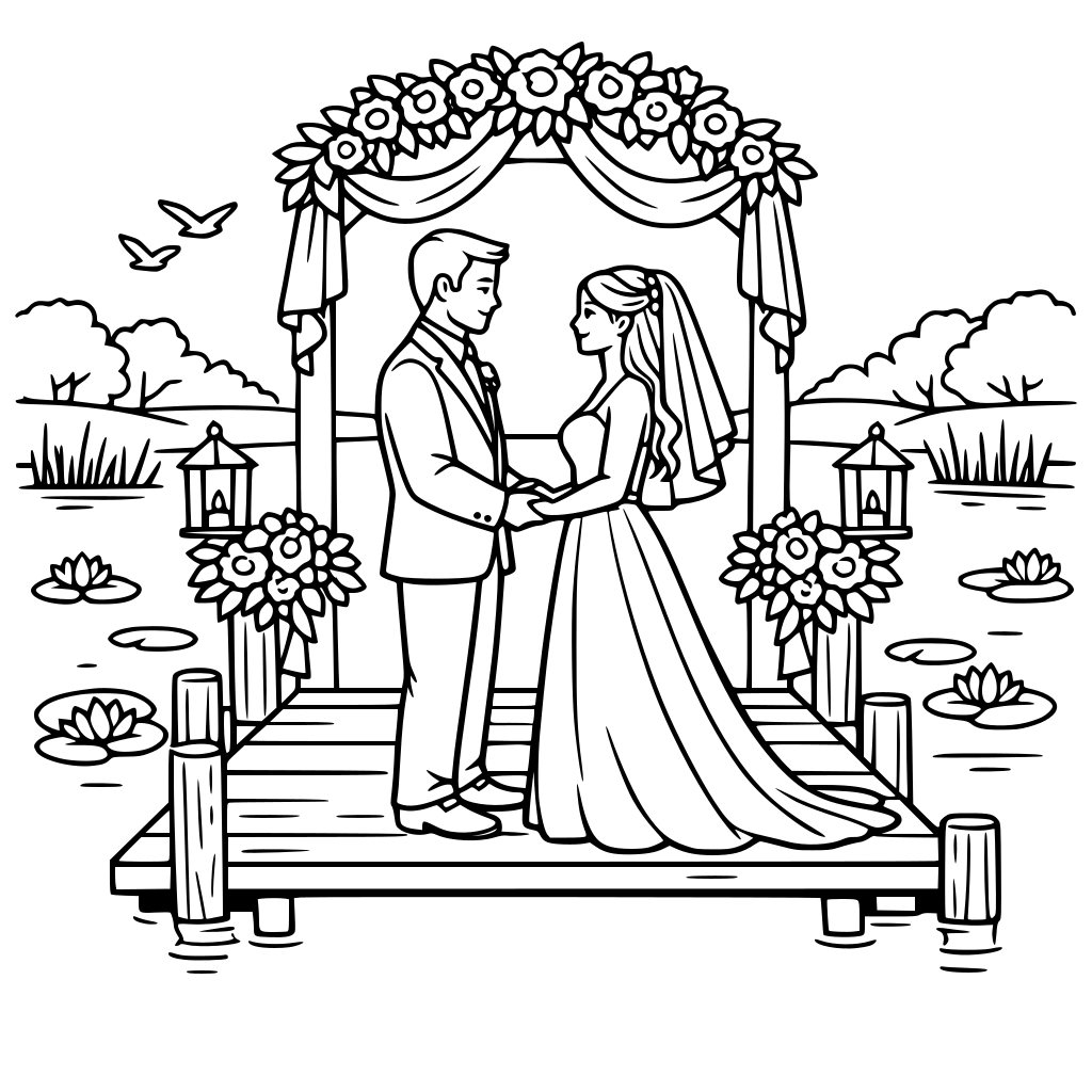 man and woman getting married on a dock on a pond