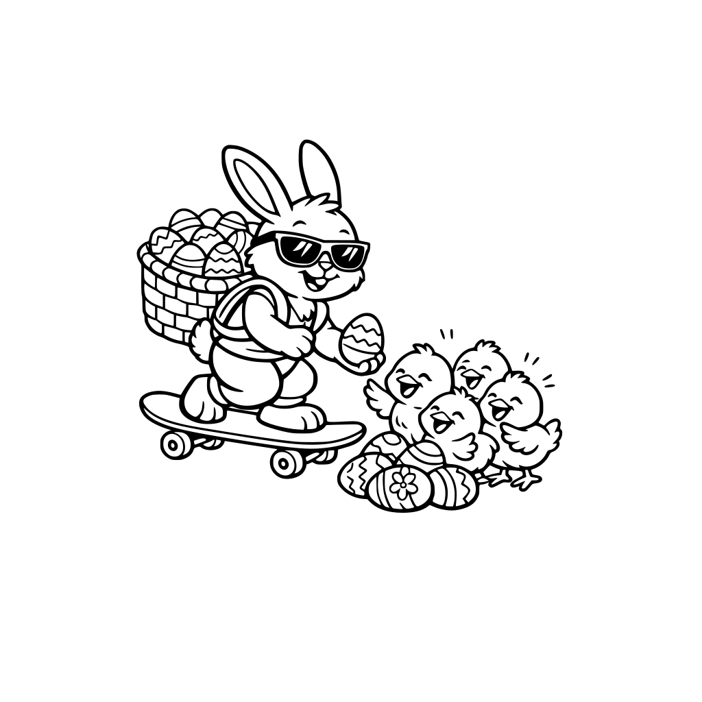 A bunny wearing sunglasses riding a skateboard, delivering Easter eggs to a group of giggling chicks