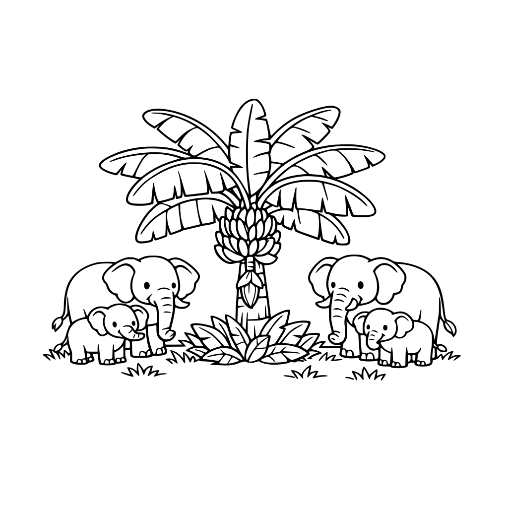 “Create a clean, black-and-white illustration for children. There is one large banana tree in the center of a jungle lawn, surrounded by a small group of gentle elephants standing nearby.