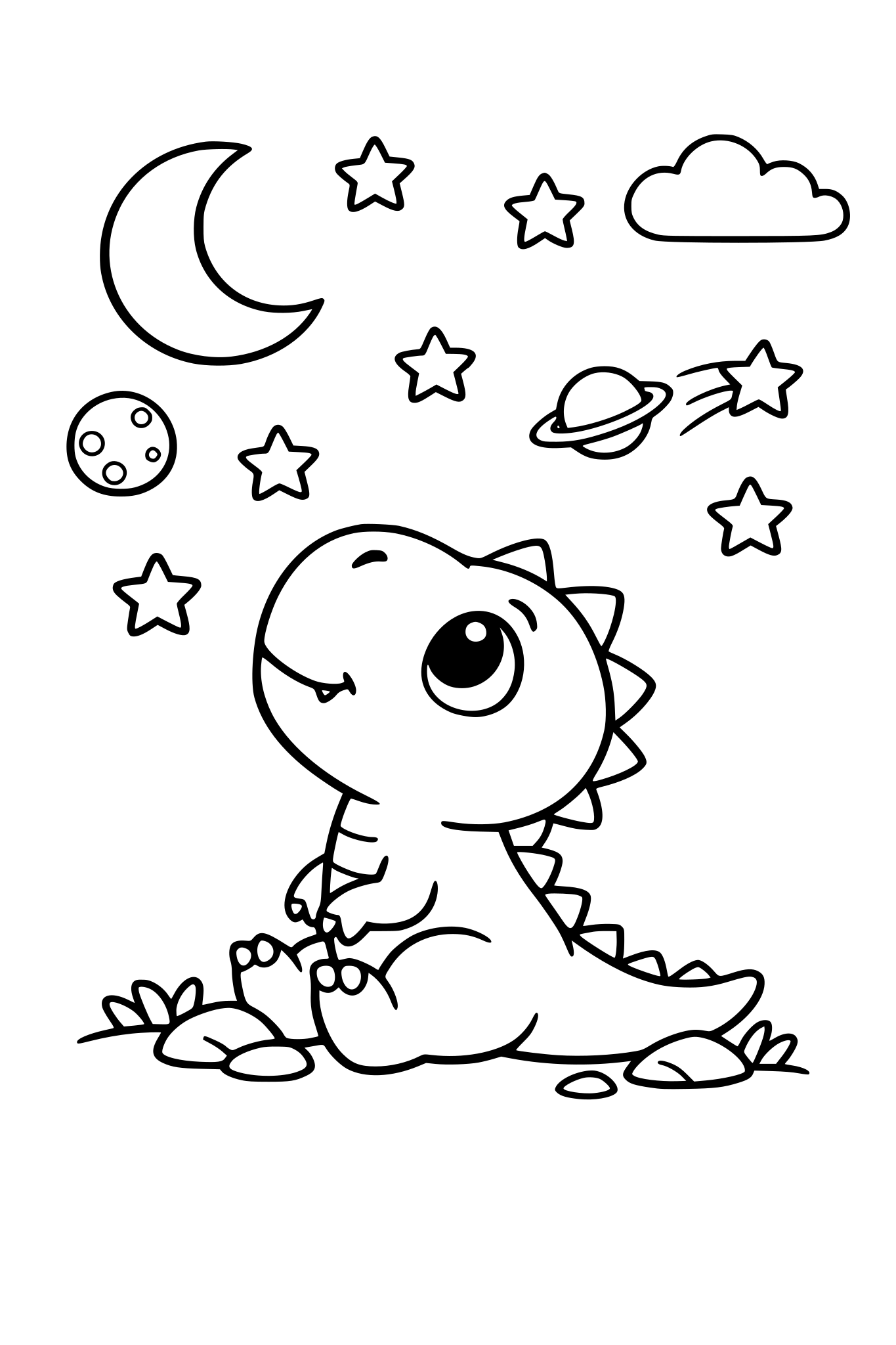 Mały słodki tyranozaur patrzy na gwiazdy, obrazek dla małych dzieci, bez szczegółów