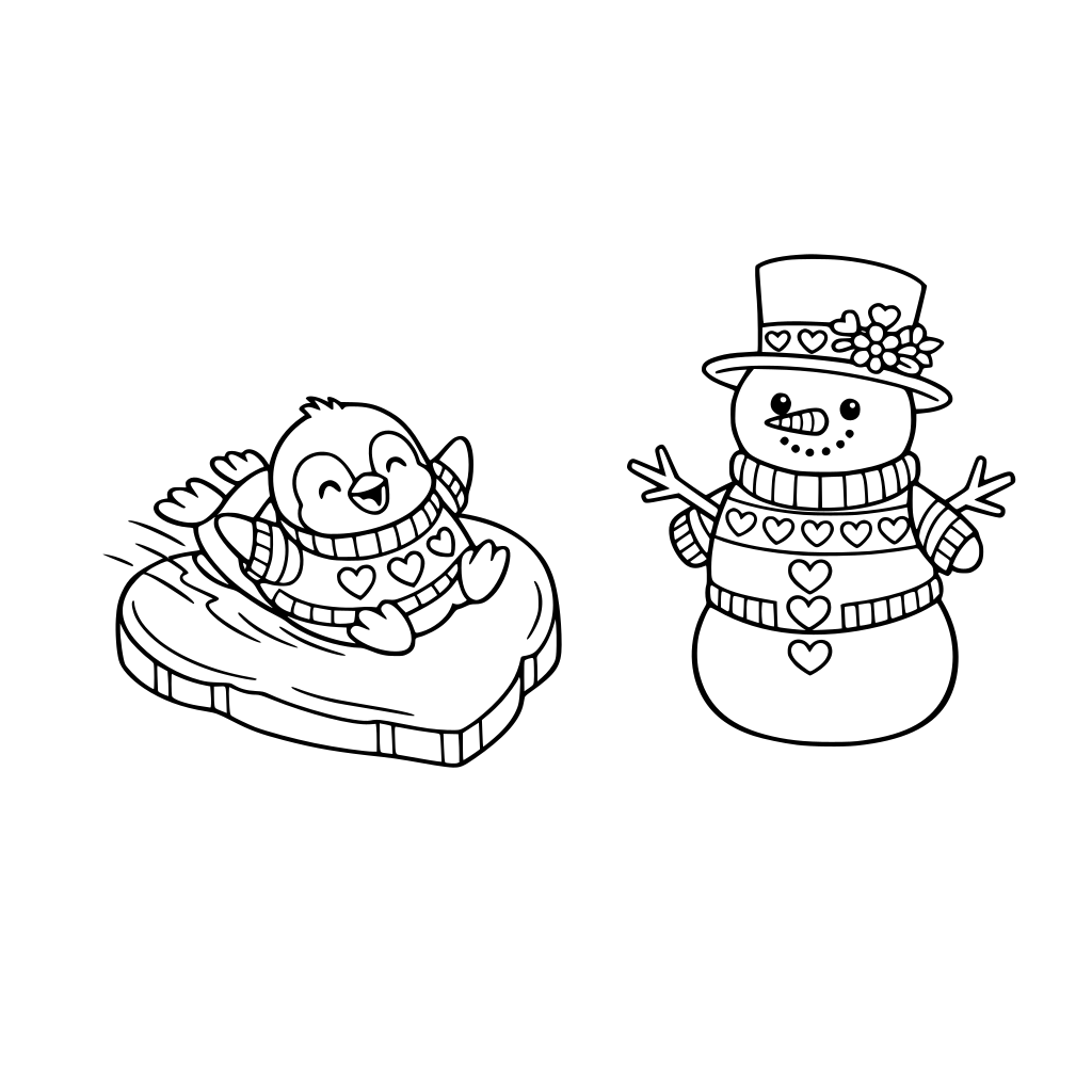A baby penguin sliding on an ice heart. Wearing a sweater with hearts. a snowman is on the icy landscape. The snowman has heart shaped button for the belly button. Top hat on the snowman with flowers and hearts in the band. Snowman also has a sweater on with hearts.
