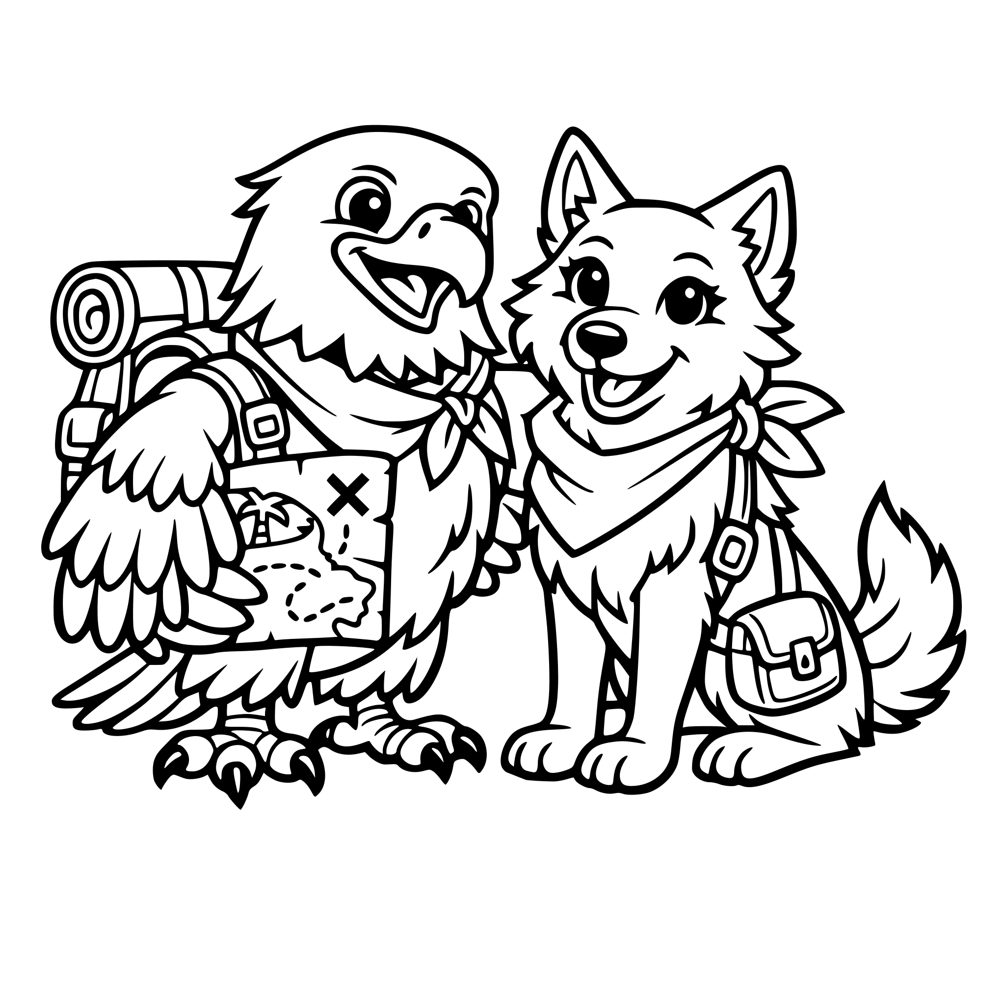 gestalte einen Weisskopfseeadler und eine Wölfin, die Freunde sind und viele Abenteuer erleben