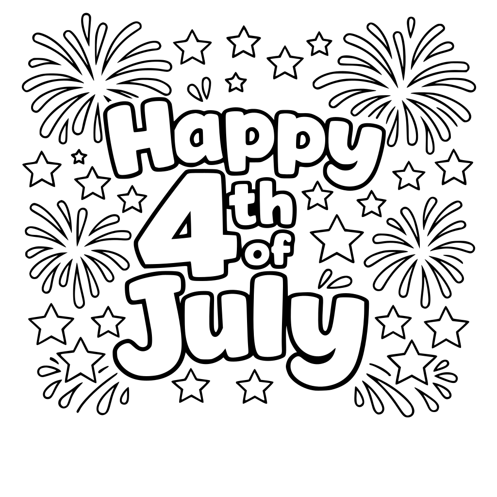 Happy 4th of July in bubble letters, and stars and fireworks in the background