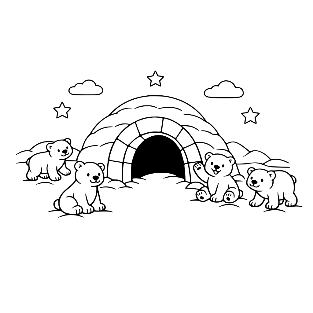 “Create a clean, black-and-white connect-the-dots style illustration for children. There is a center image one large arched ice cave in the center of a snowy field, surrounded by a small group of playful polar bears sitting and walking nearby.