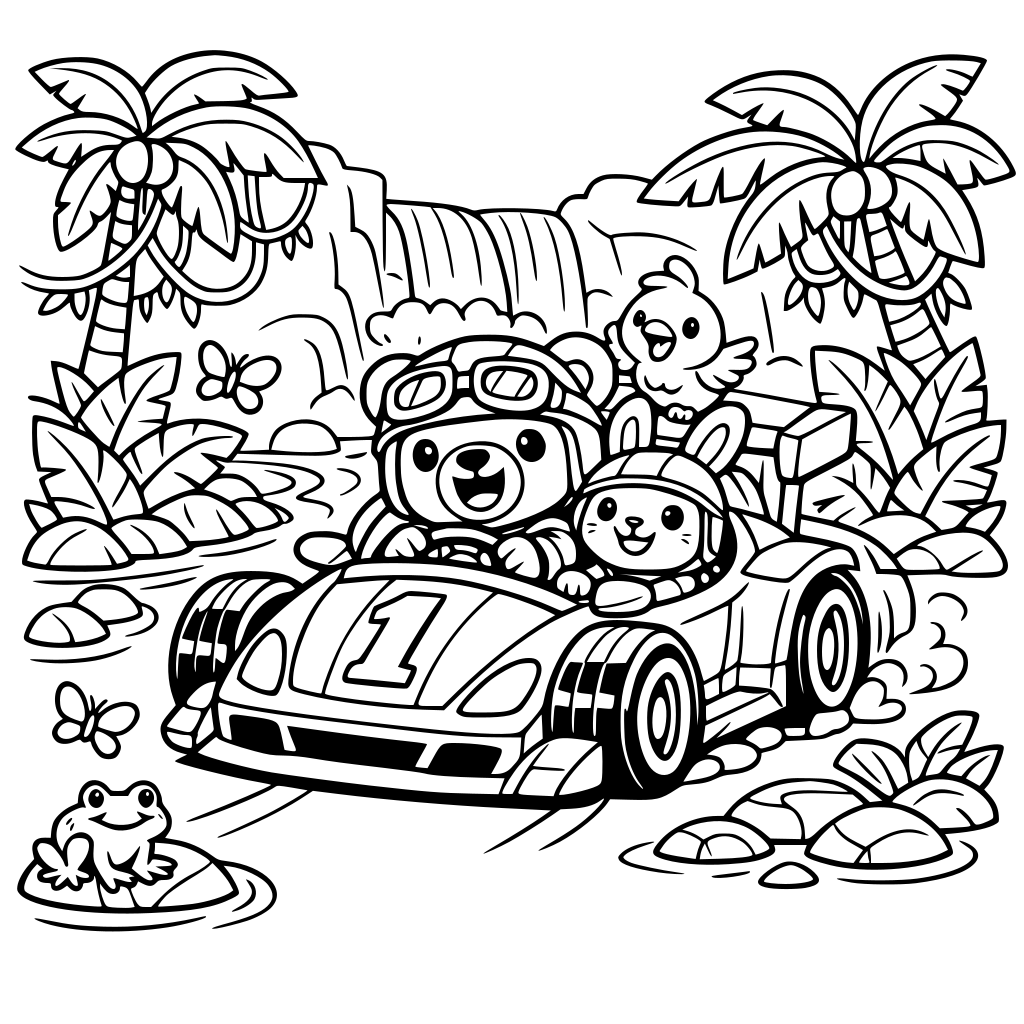 a racing car with cute animals driving, going through a rainforest