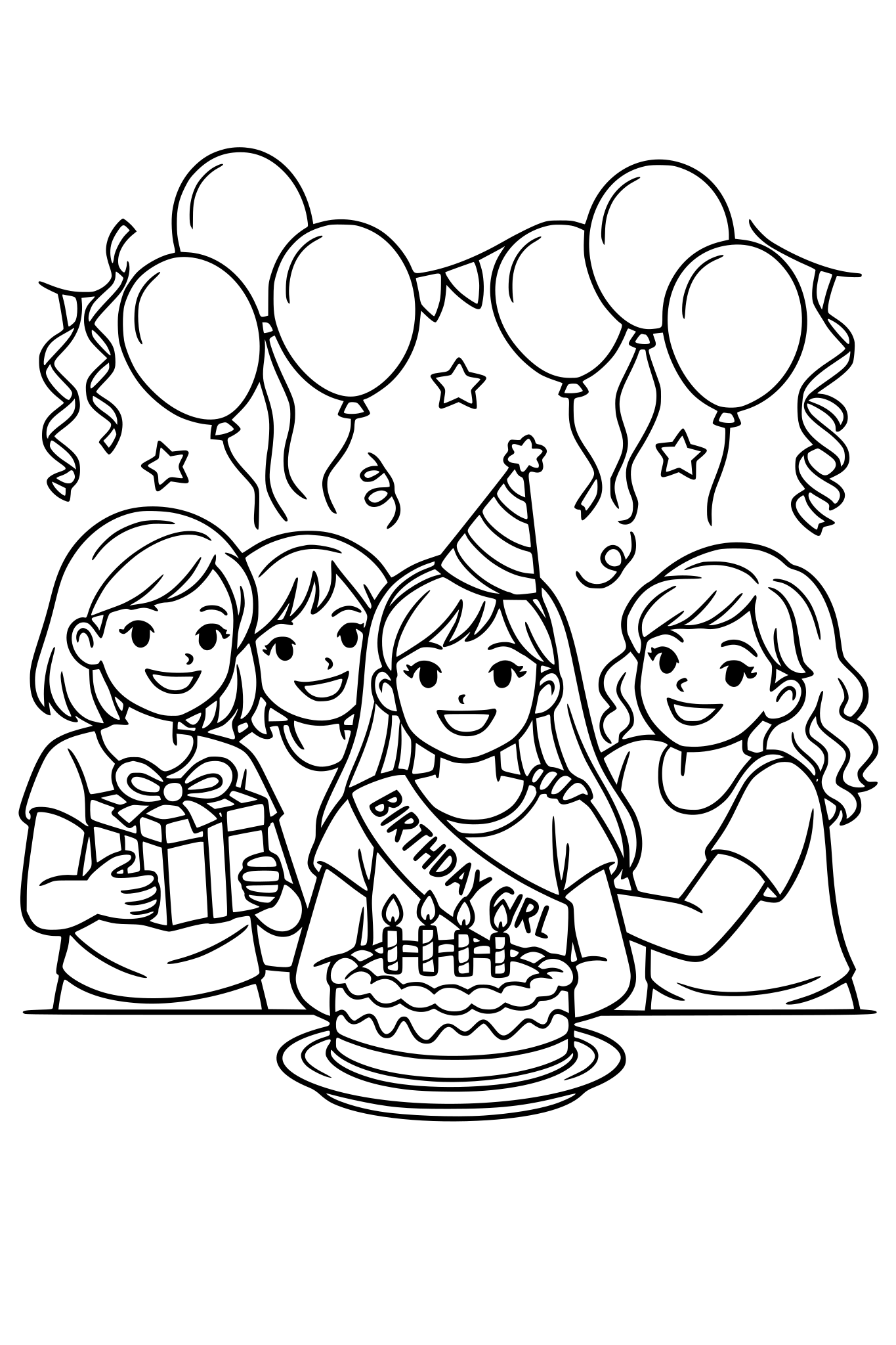 A birthday having balloons ribbons friends of the birthday girl