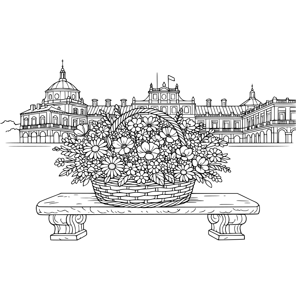 por favor dibuja un gran cesto de flores silvestres, sobre un banco de piedra. Detrás el palacio de Aranjuez de Madrid